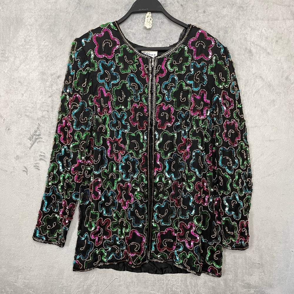 Vintage Sténay 80s Silk Beaded Sequin Cocktail Jacket Evening Holiday Gala XL